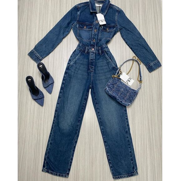 BLOGGER'S FAVE! Zara Front Pocket Denim Jumpsuit Indigo NWT - Picture 8 of 16